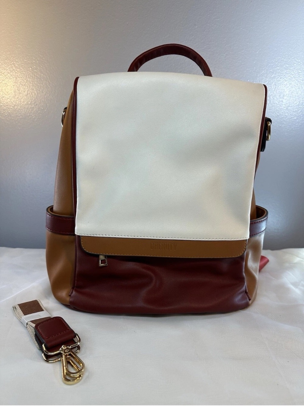 Tricolor Leather Backpack - Cream, Tan & Burgundy